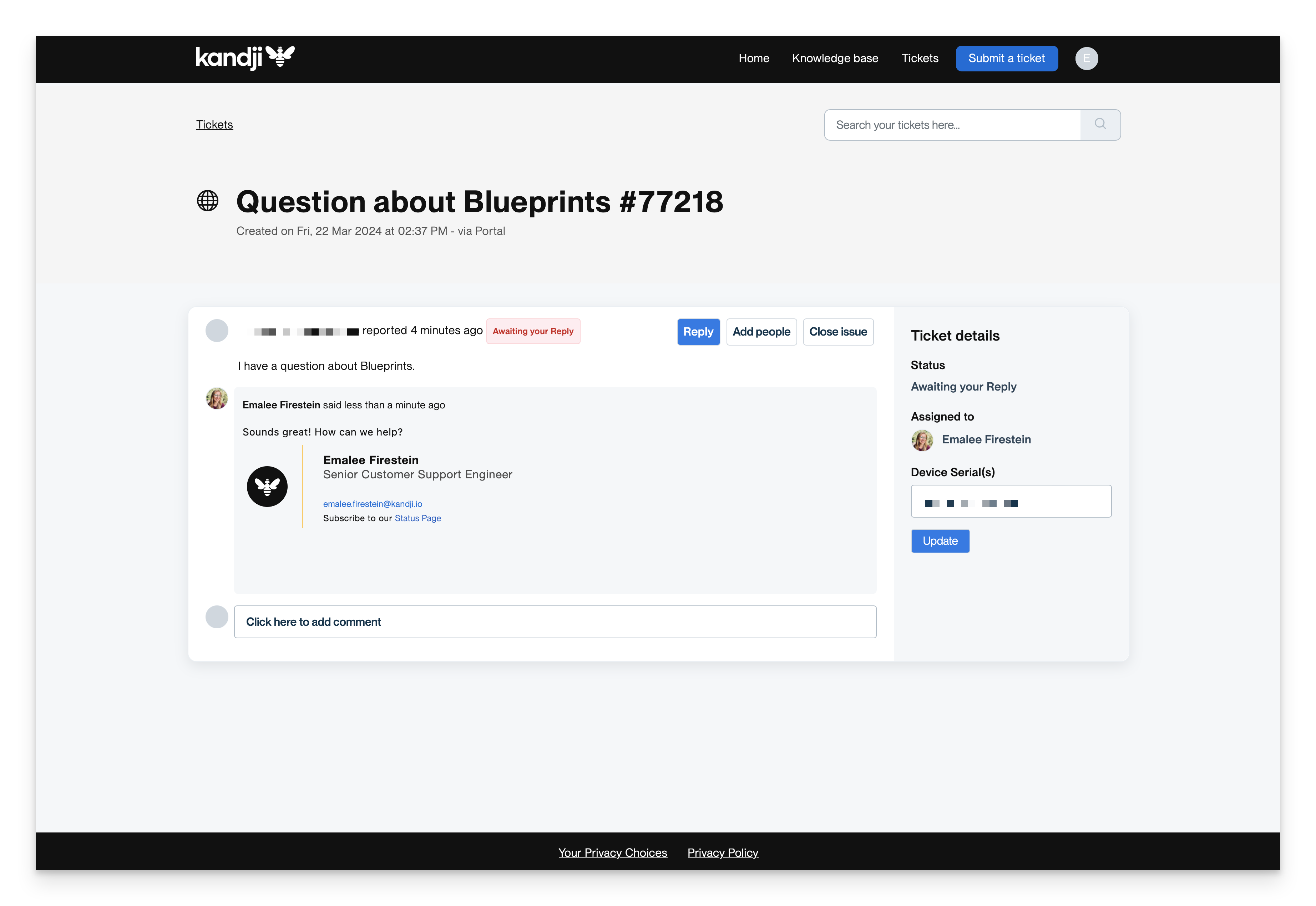 Support Customer Portal tickets page showing the list of support tickets with identifiers, subjects, and status information