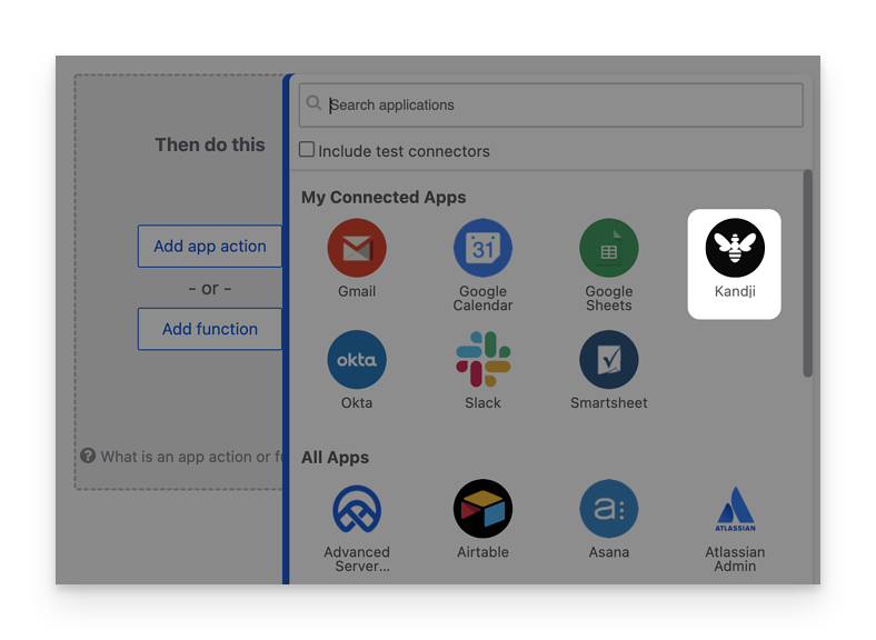 Okta Workflows My Connected Apps section showing Iru Endpoint as an available connected app that can be selected for workflow actions