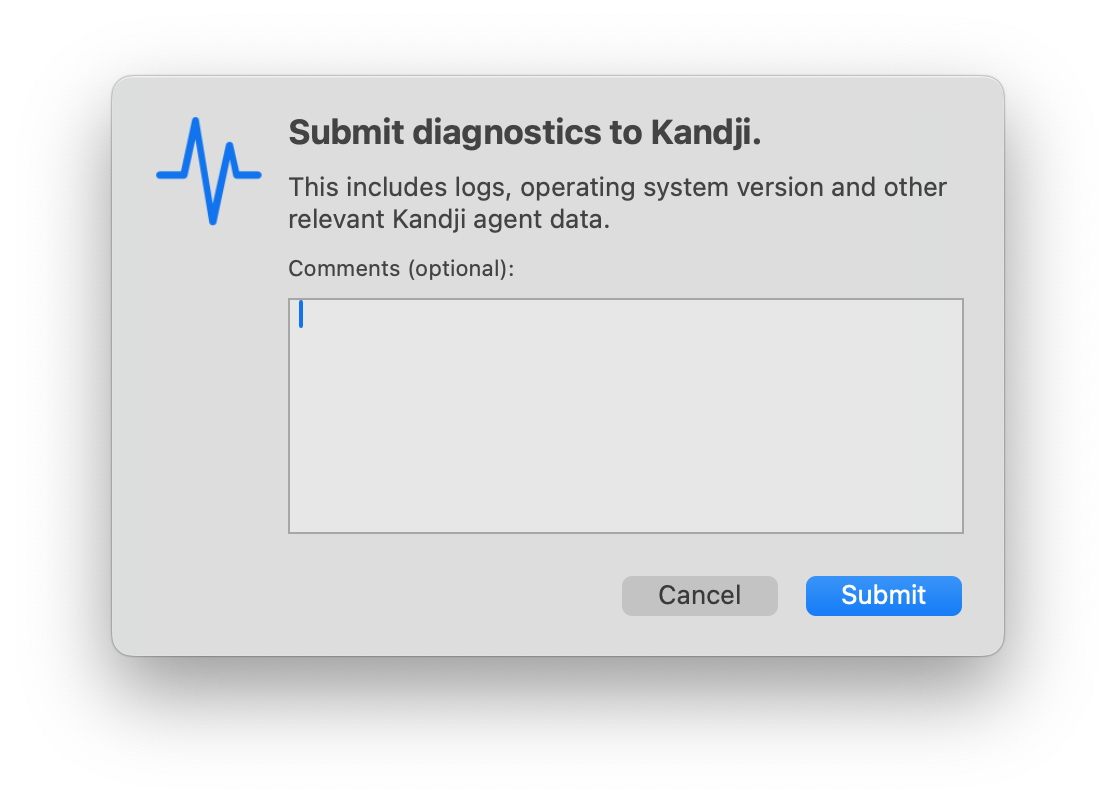 Kandji Agent diagnostics submission dialog showing the comment field and Submit button for sending diagnostic data