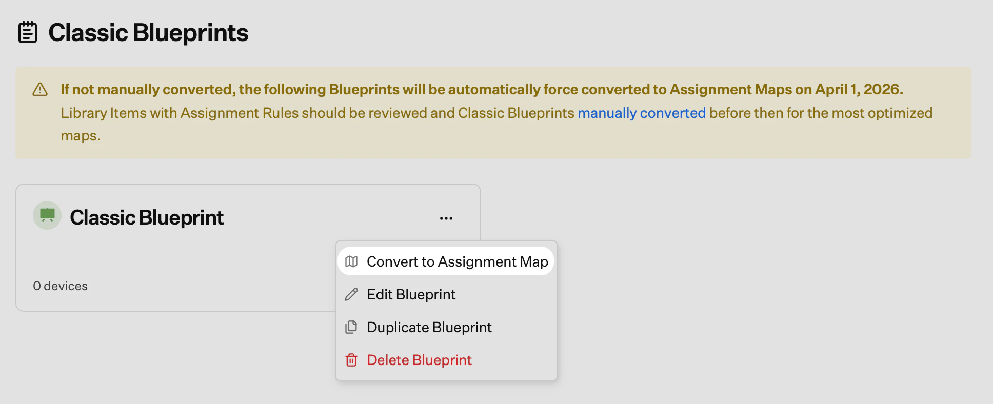 Convert to Assignment Map option in the Blueprints ellipsis menu