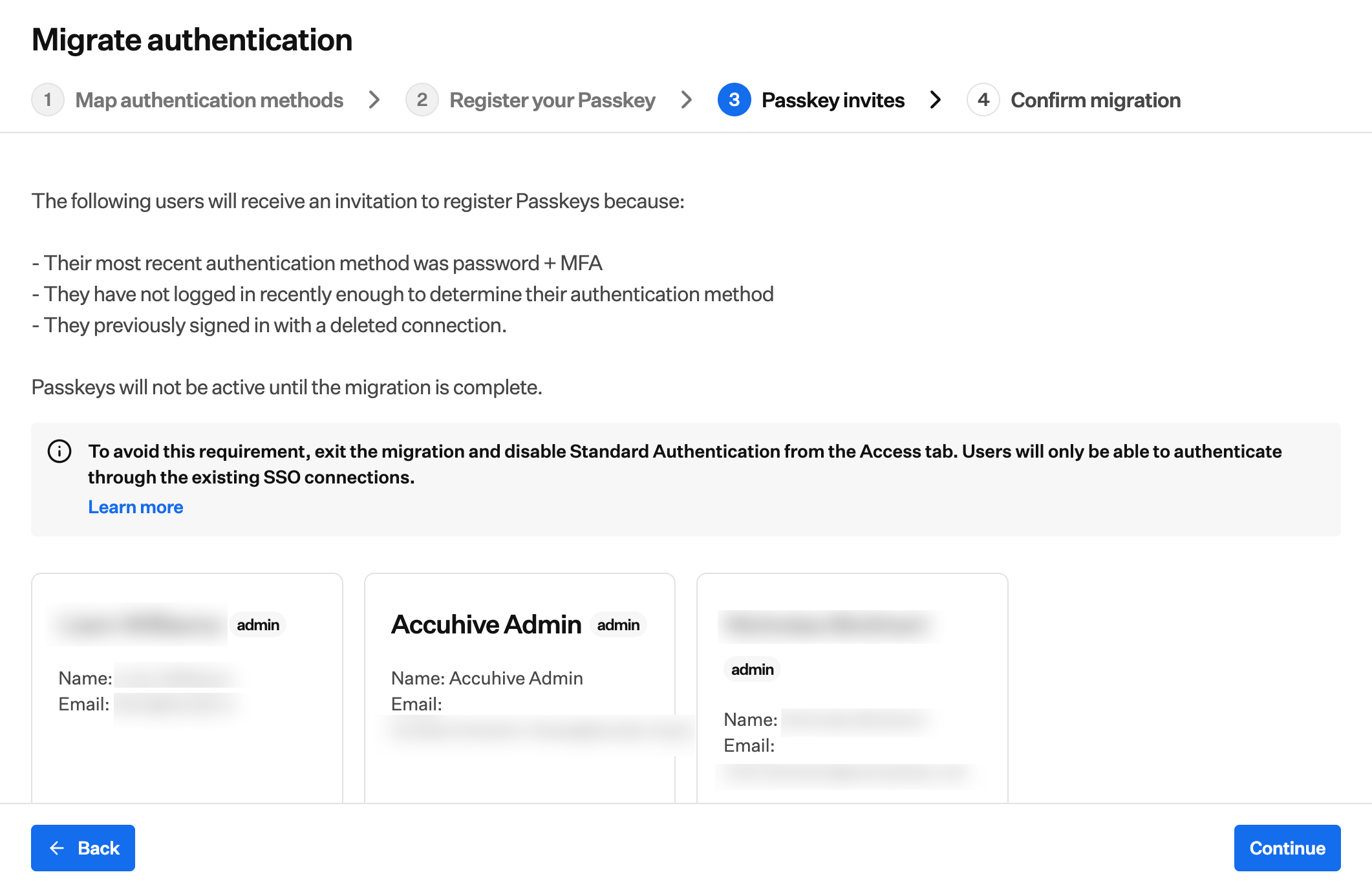 Passkey setup interface showing options to register a passkey and send invitations
