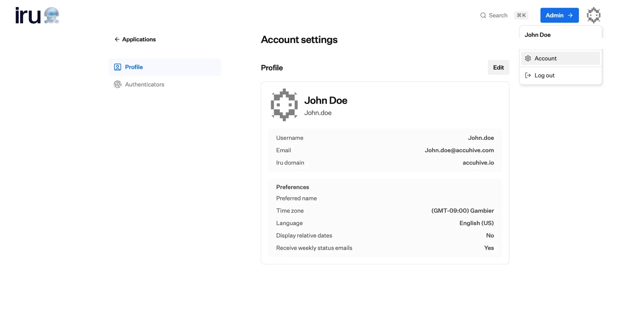 The Account settings Profile tab showing username, email, and Iru domain plus preferences such as time zone and language, with the avatar menu open to Account and Log out.