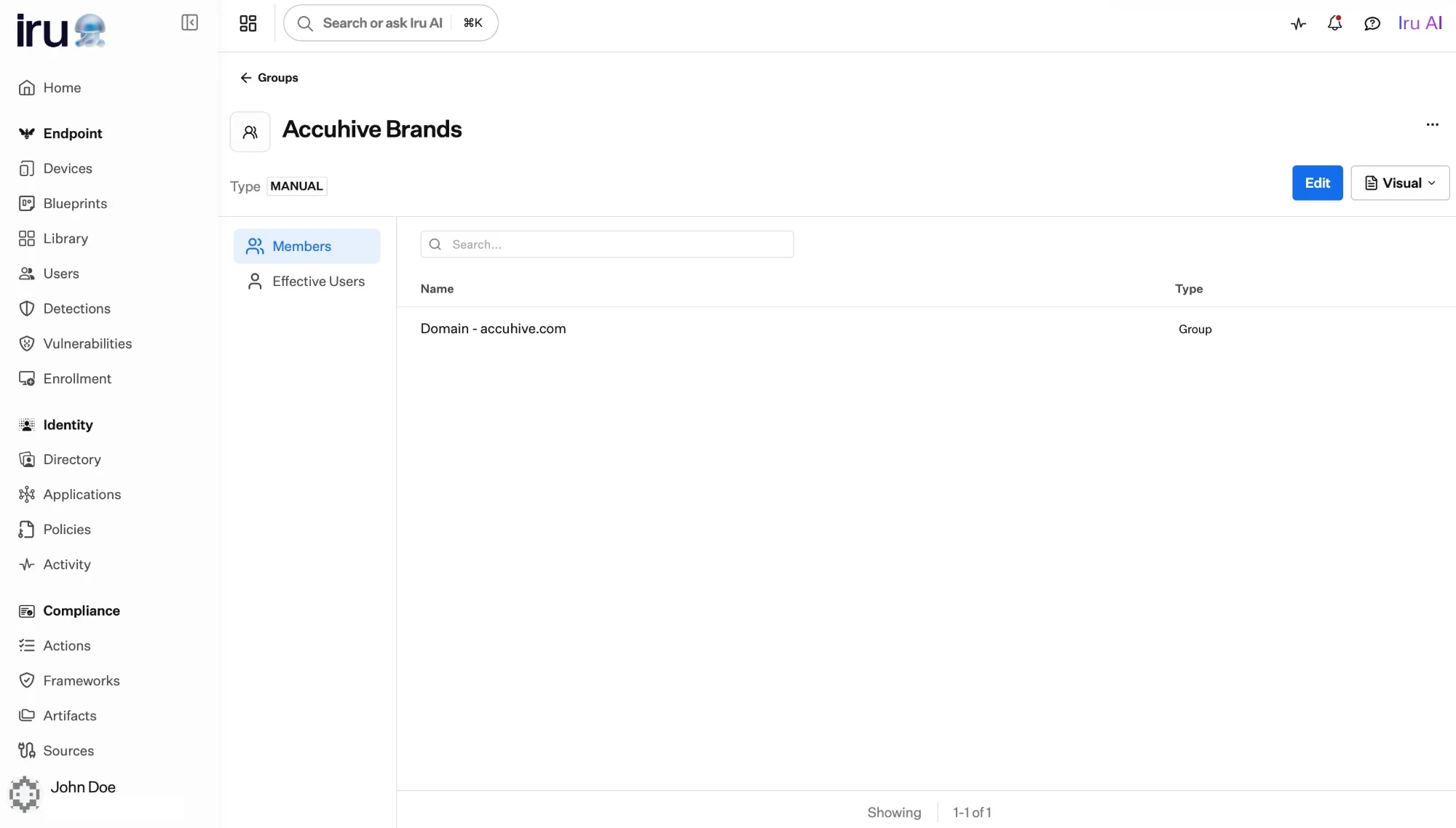 The Members tab of a manual group named Accuhive Brands, listing one direct member 'Domain - accuhive.com' of type Group, with an Effective Users tab alongside Members.