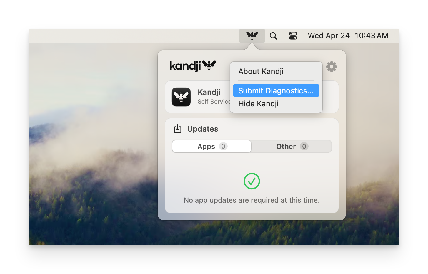 Kandji menu bar interface showing the settings gear icon and Submit Diagnostics option in the dropdown menu