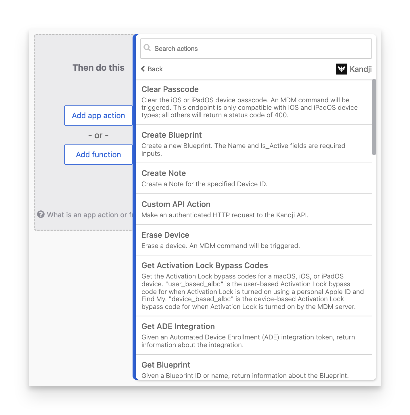Okta Workflows connector card selection interface showing available Iru Endpoint action cards that can be selected for the workflow