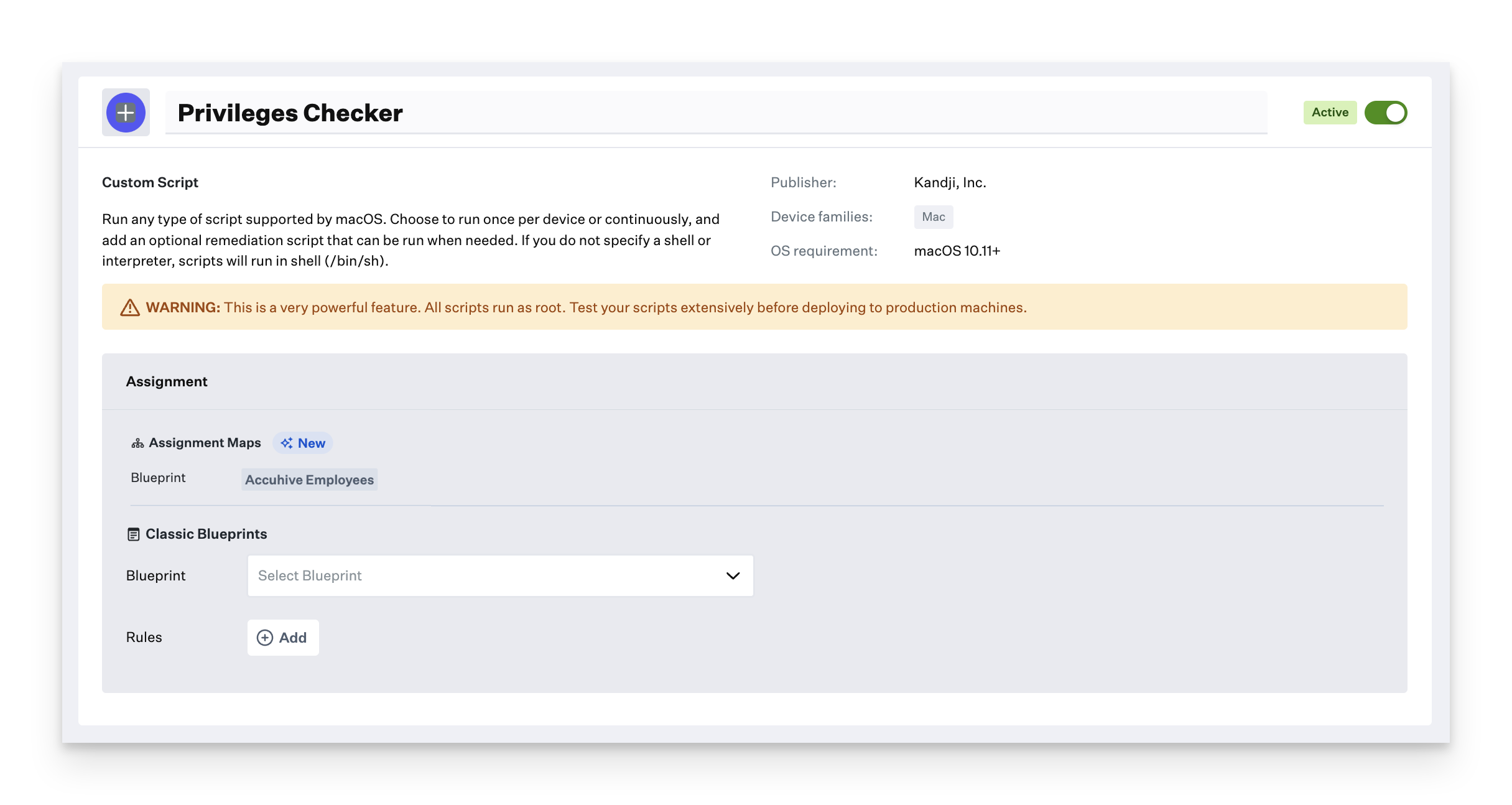 Custom Script configuration showing Blueprint assignment options
