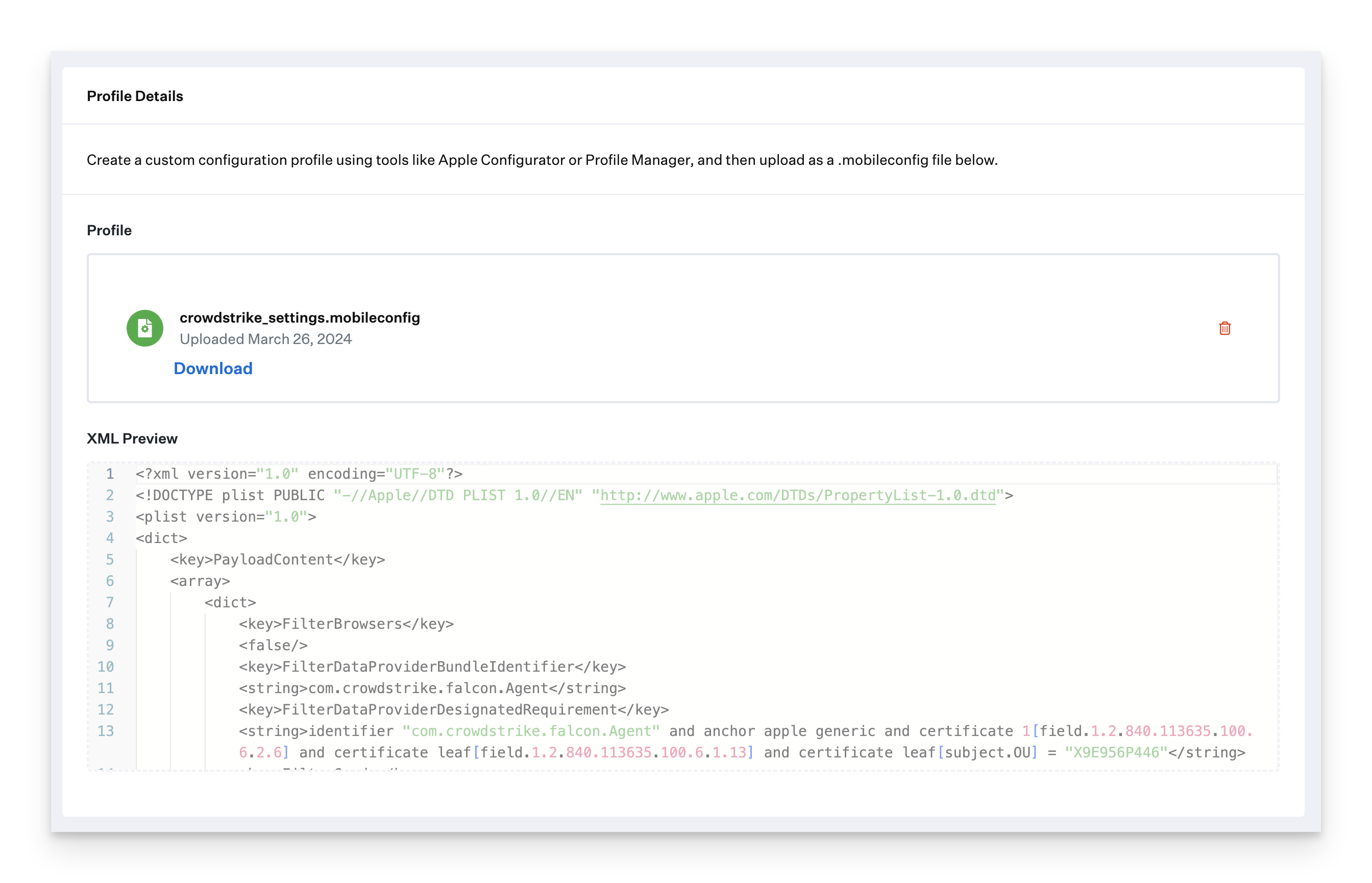 Custom Profile upload showing CrowdStrike settings profile selection