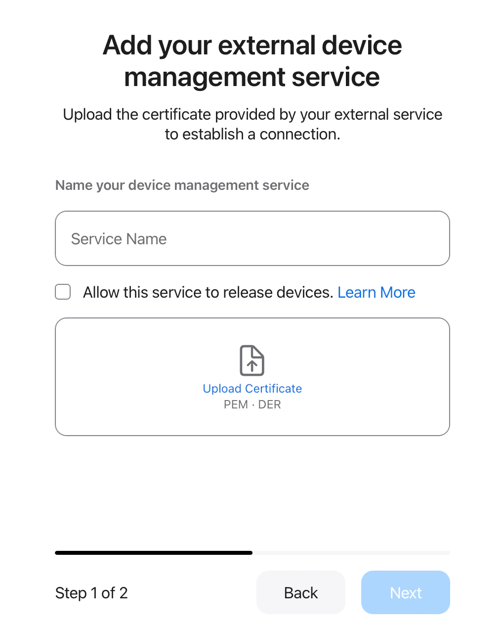 Add device management service form with Service Name, release devices option, and public key upload
