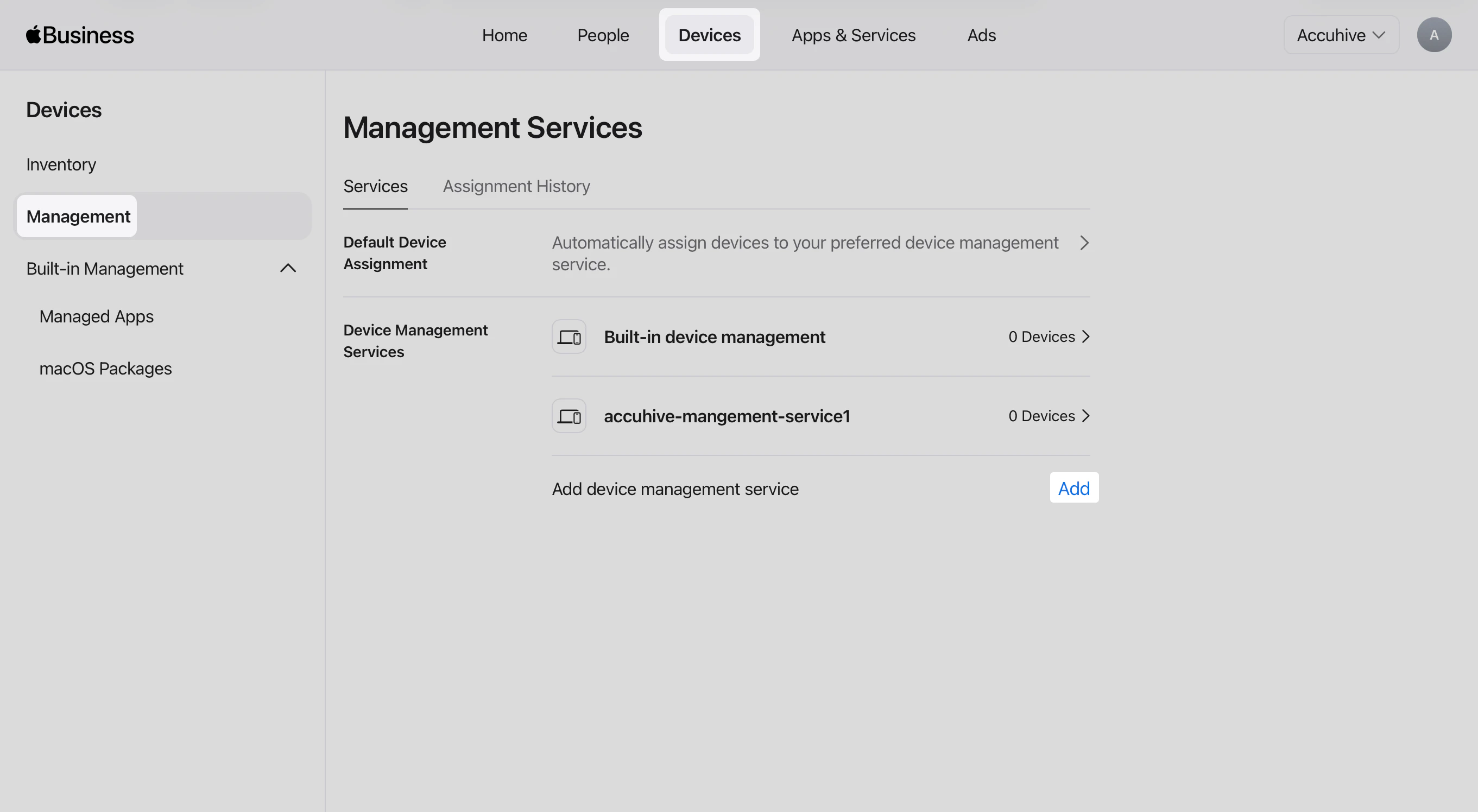 Apple Business or Apple School Manager Management Services list with Add device management service