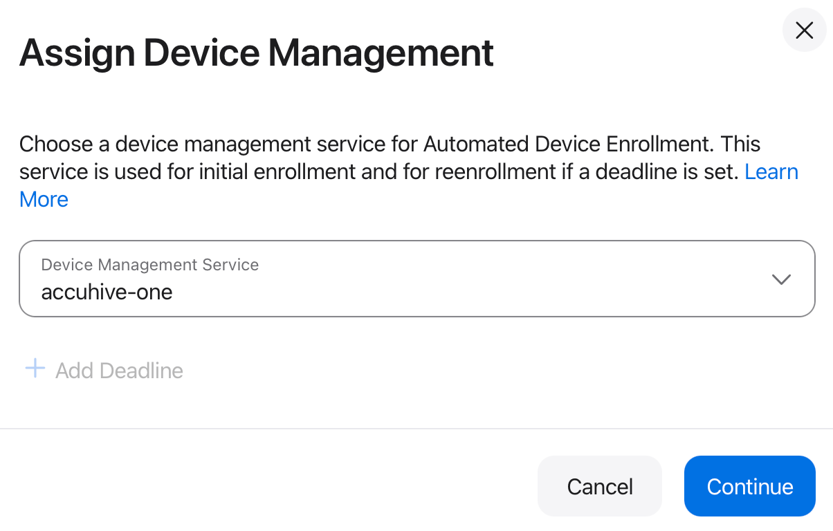 Apple Business or Apple School Manager Assign Device Management with MDM server selection and Continue