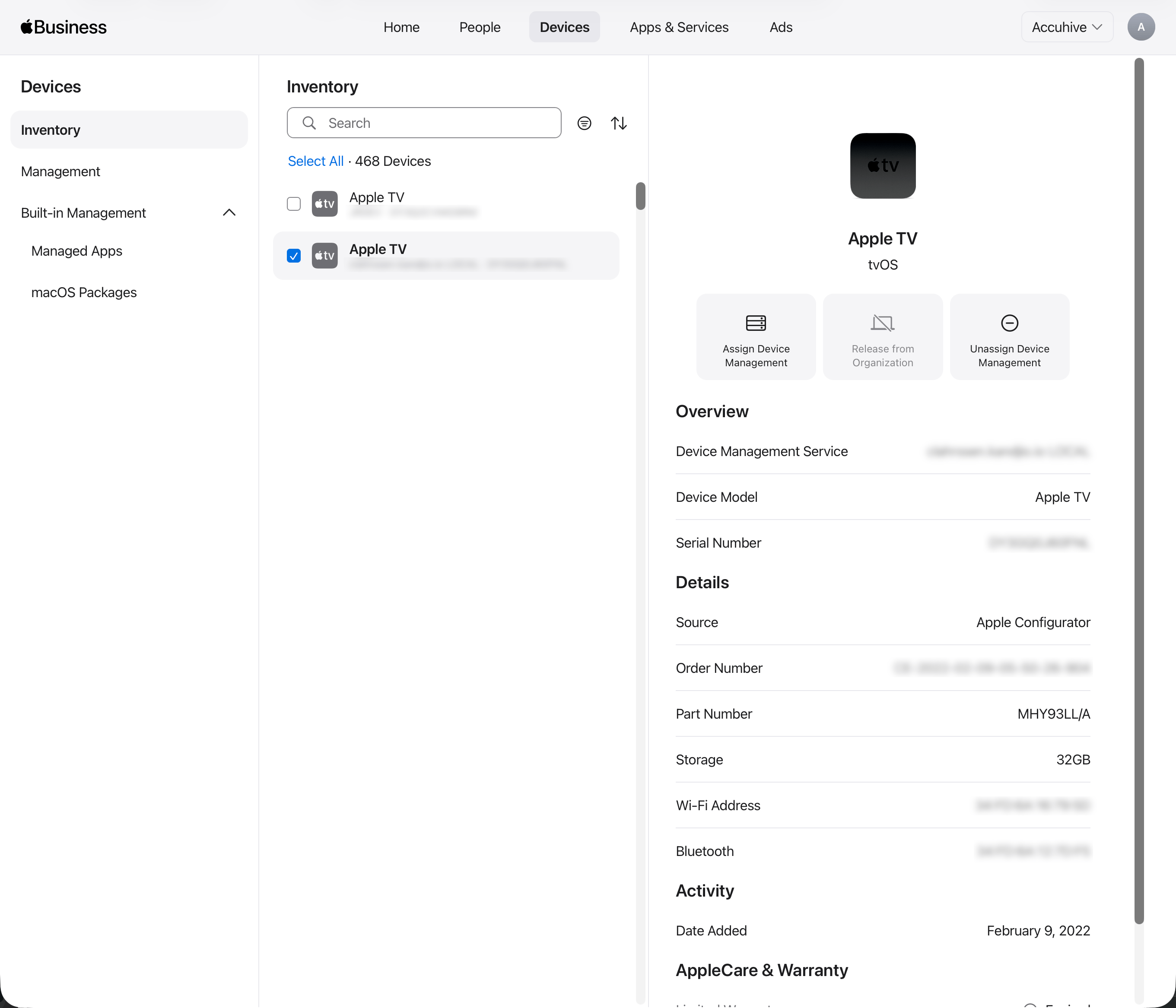 Apple Business or Apple School Manager Devices view with Devices selected, Your Devices, selected Apple TV, and Assign Device Management