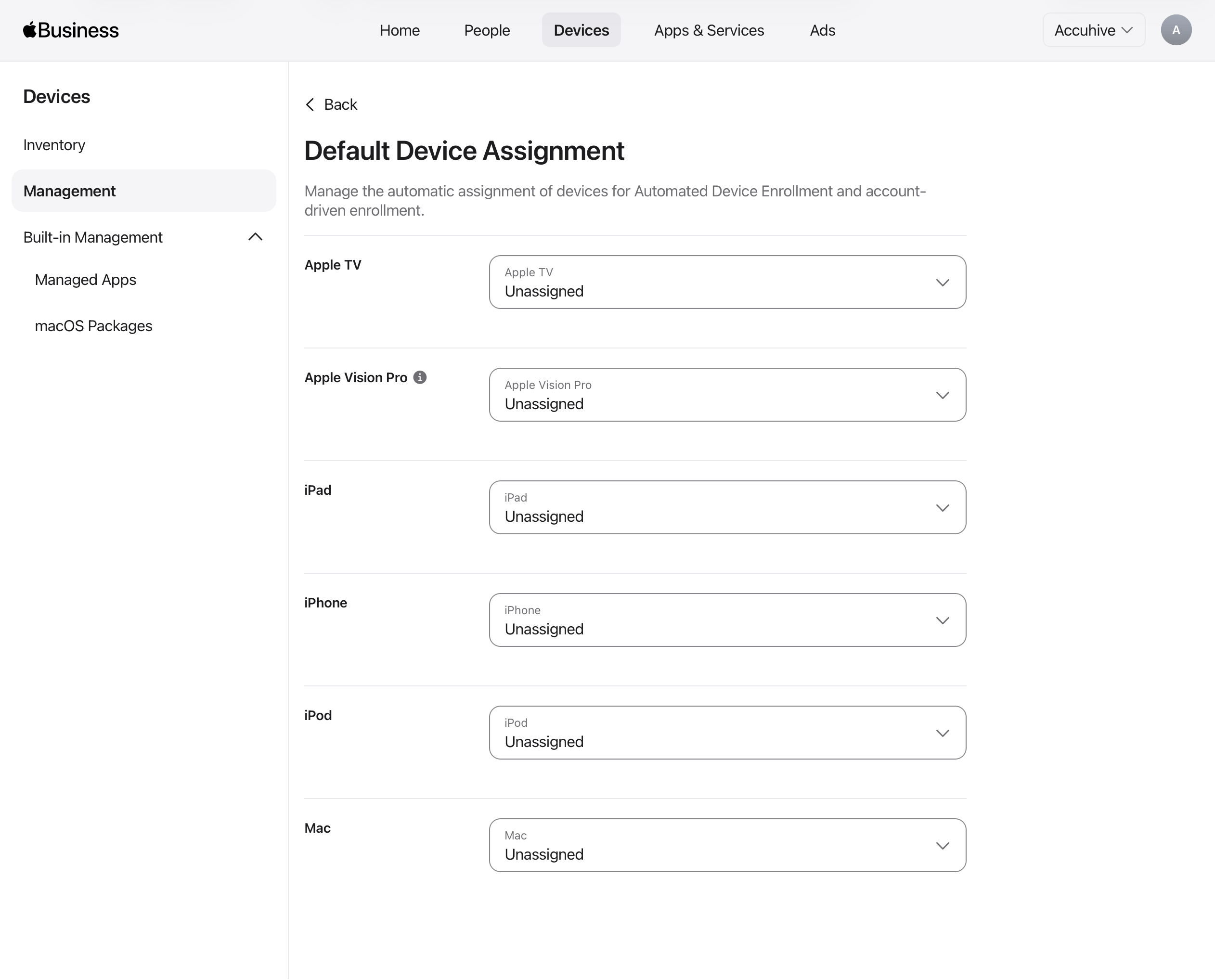 Apple Business or Apple School Manager Default Device Assignment per device type with Apple TV MDM dropdown