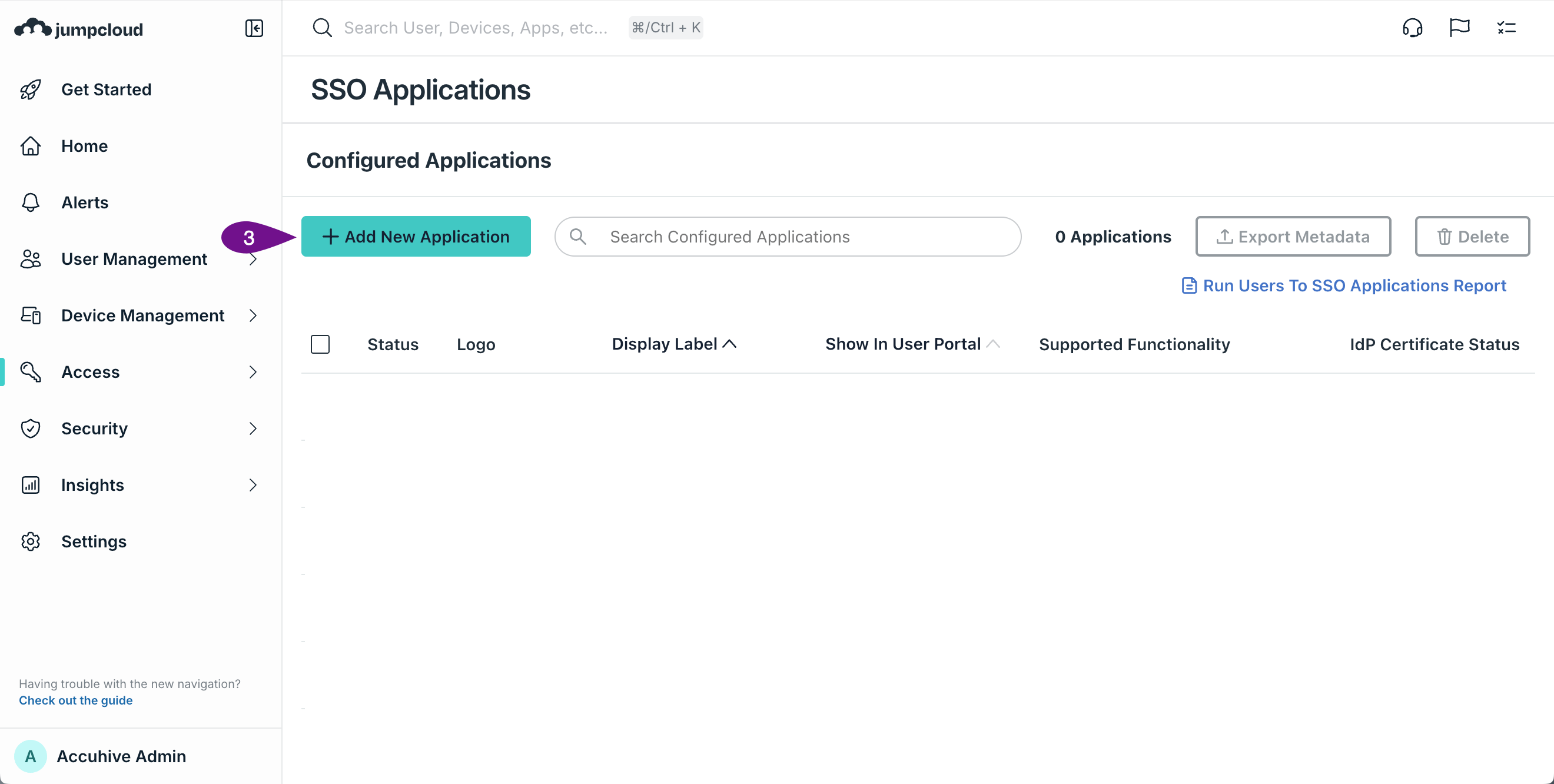JumpCloud Add New Application or Get Started