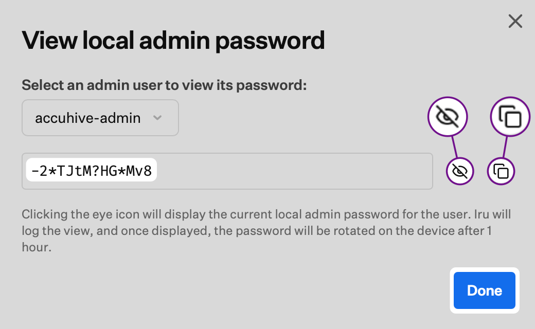 View local admin password dialog after display, with hide and copy