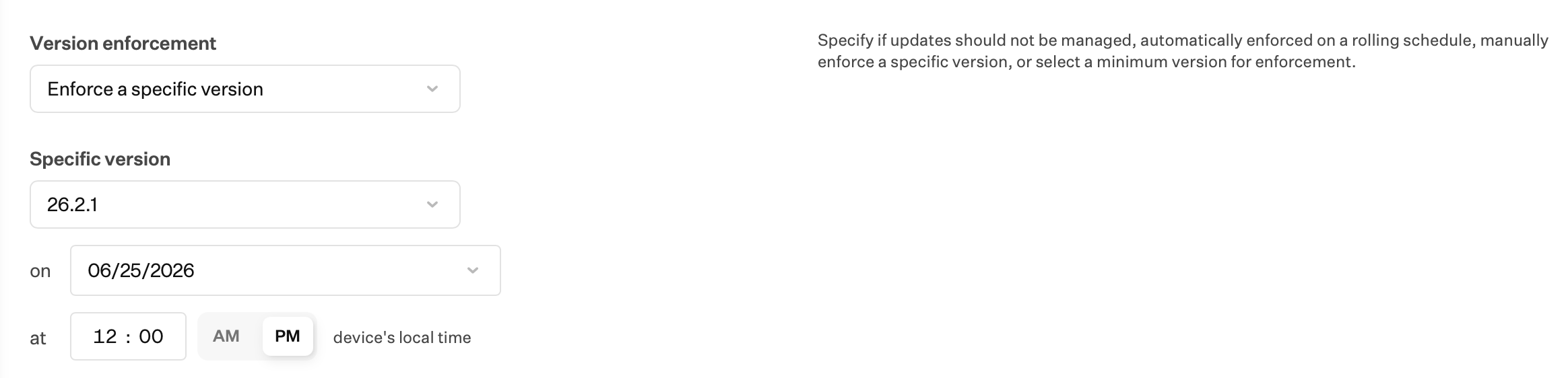 Managed OS for iOS, iPadOS, and tvOS Enforce a Specific Version settings