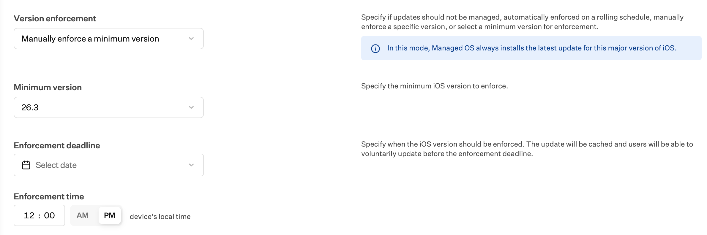 Managed OS for iOS, iPadOS, and tvOS Manually Enforce Minimum Version settings