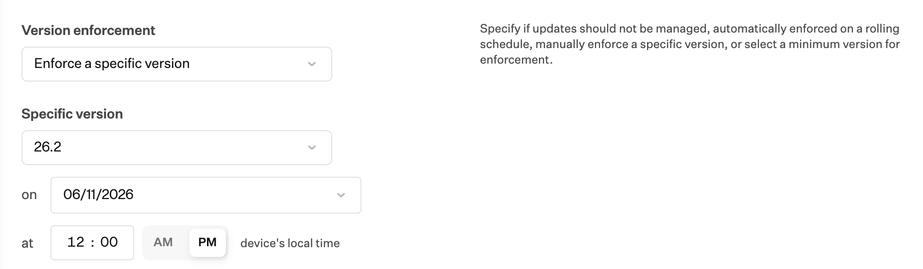 Managed OS for macOS Enforce a Specific Version settings