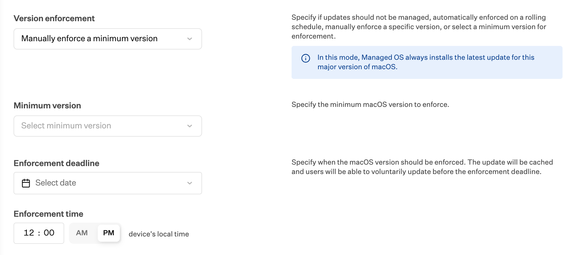 Managed OS for macOS Manually Enforce Minimum Version settings