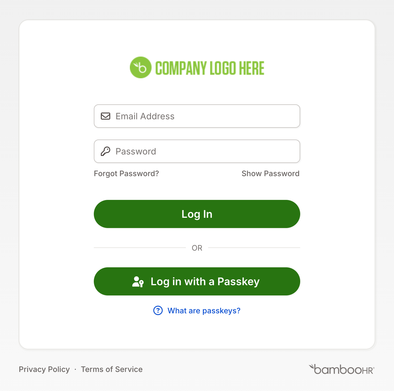 Das BambooHR-Anmeldefenster mit Email Address, Password, Log In und Log in with a Passkey.
