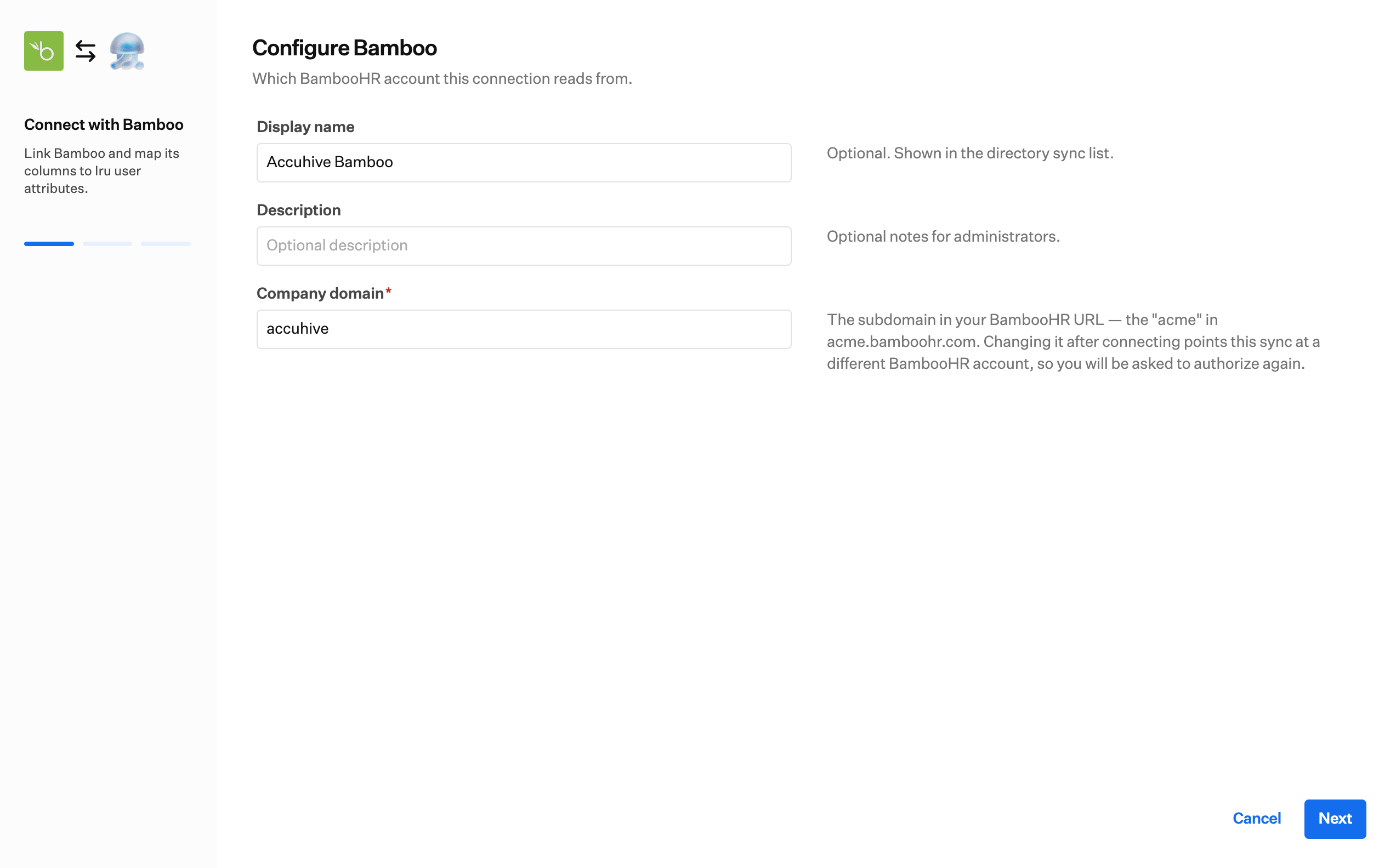 Der Bildschirm Configure Bamboo mit Display name, Description, Company domain und Next.