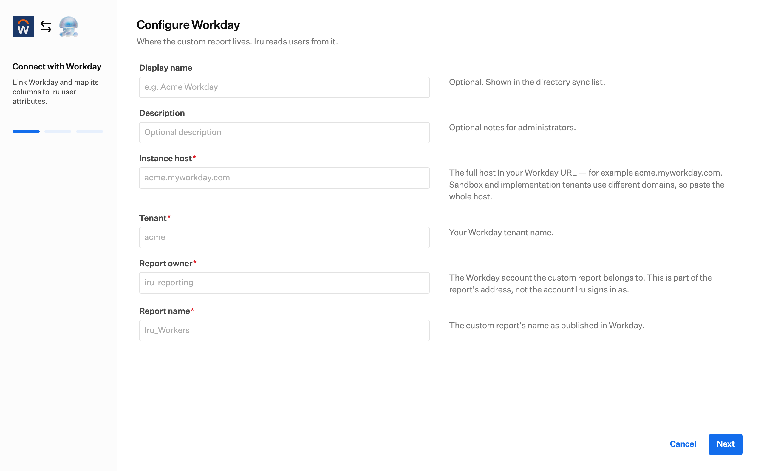 Der Bildschirm Configure Workday mit Display name, Description, Instance host, Tenant, Report owner, Report name und Next.