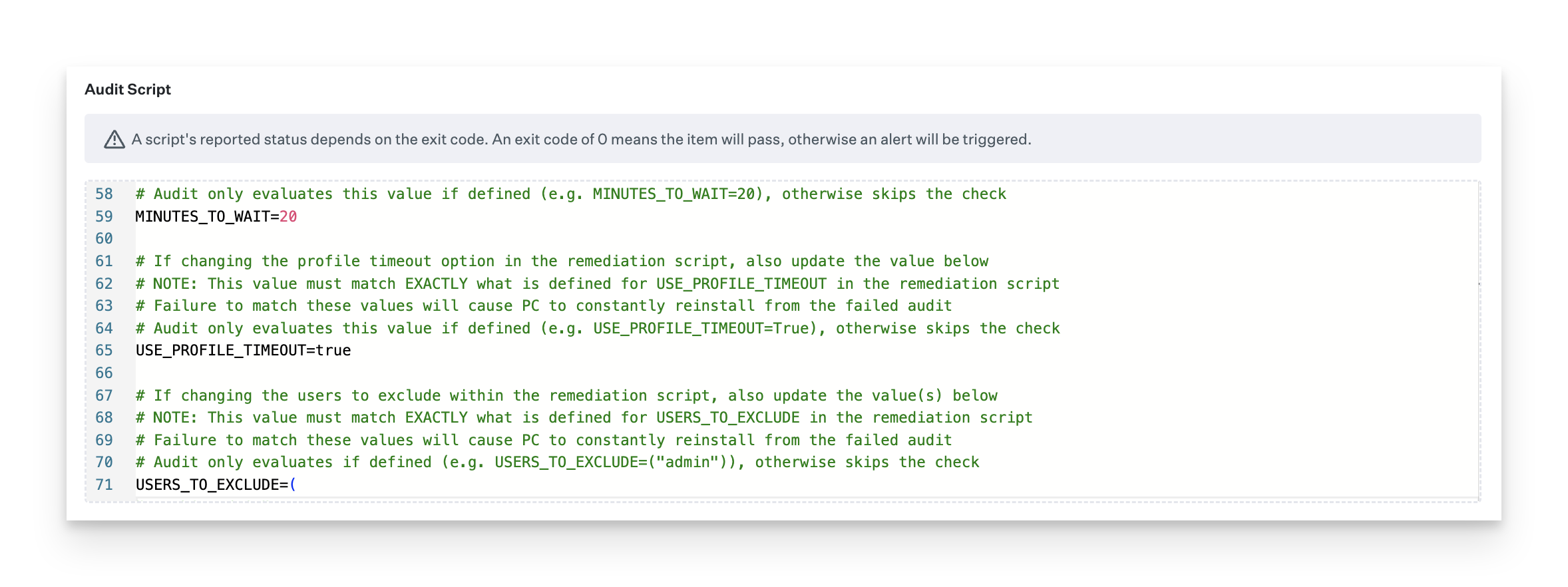 Custom Script audit script configuration showing timeout and user exclusion settings