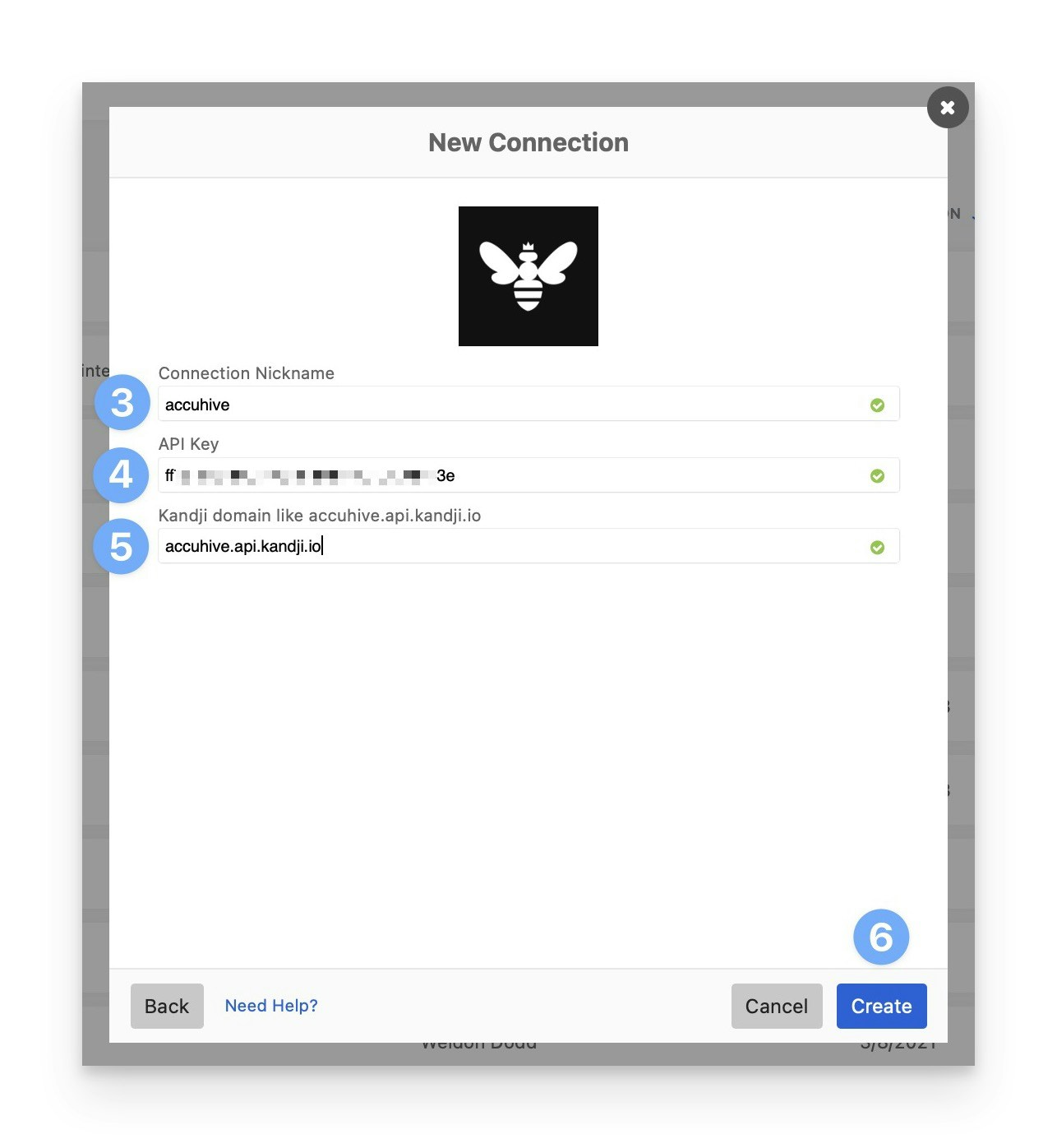 Okta Workflows connection configuration form showing the Connection Nickname, API key, and Iru Endpoint domain fields filled out with the Create button ready to be clicked