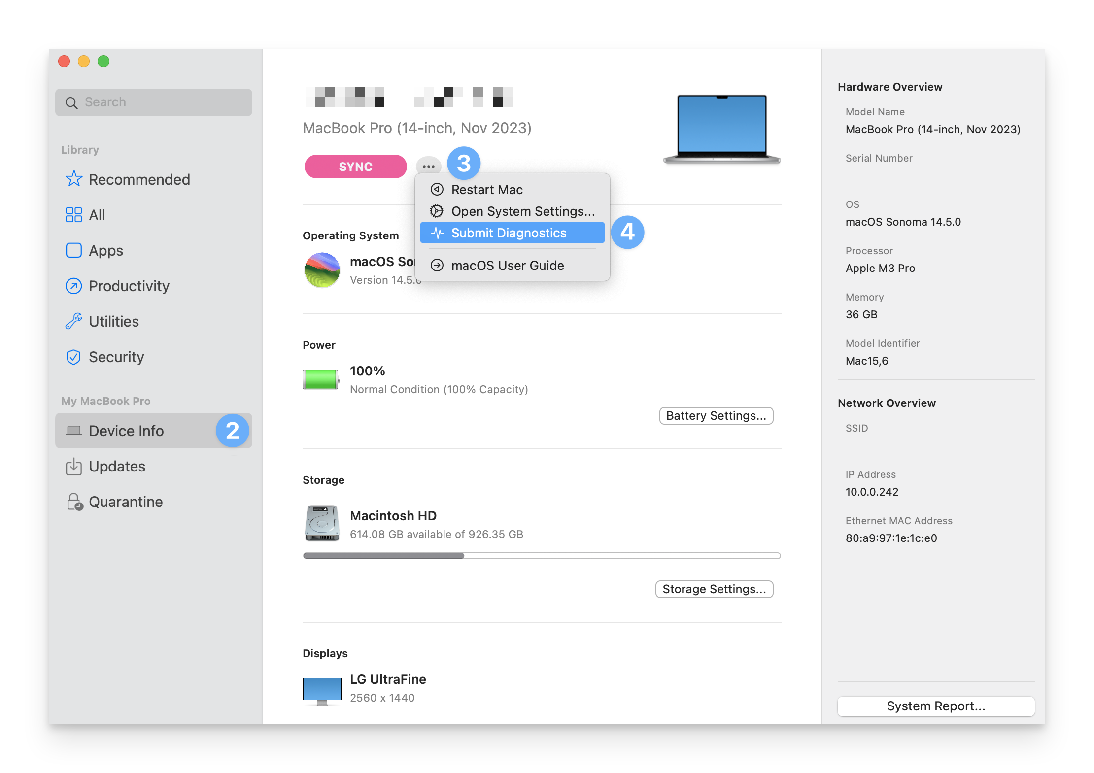 Kandji Self Service Device Info page showing the ellipses menu with Submit Diagnostics option