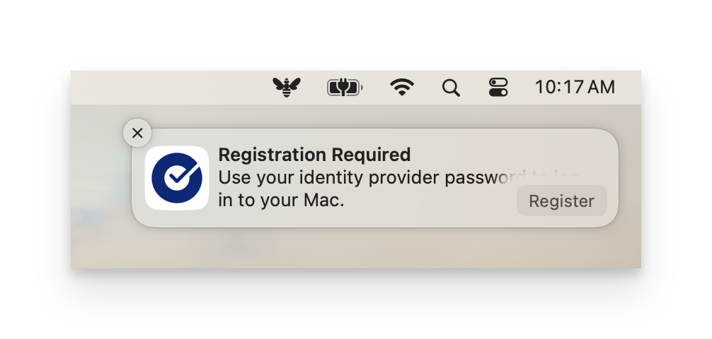 Okta Desktop Password Sync registration notification showing the Registration Required message and Register button that needs to be clicked to start the setup process