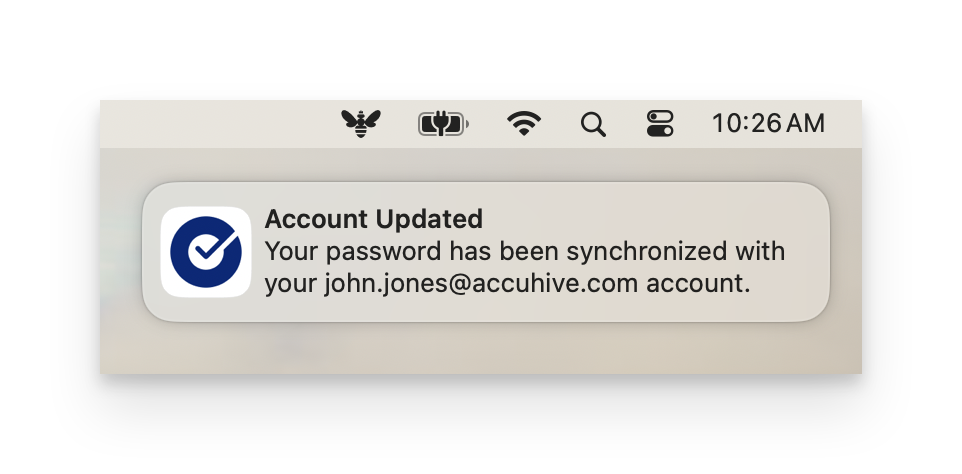 Okta Desktop Password Sync success notification confirming that the password has been synchronized successfully