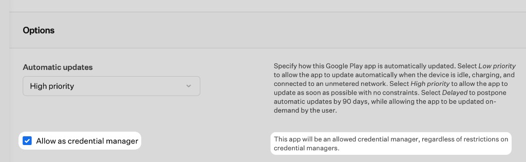Google Play app Library Item Options showing Allow as credential manager selected