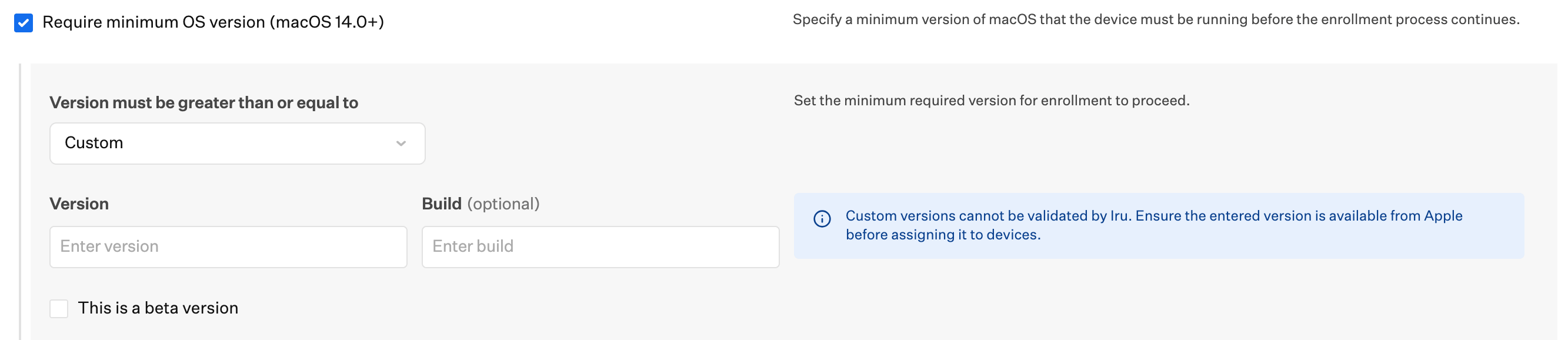 Require minimum OS version mit ausgewähltem Custom und den Feldern Version und Build