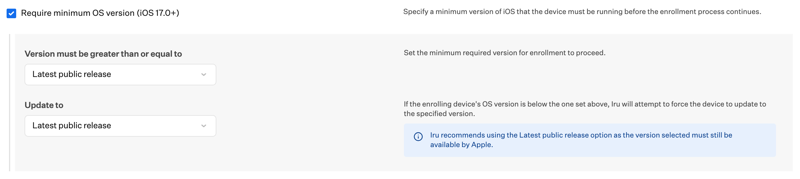 Automated Device Enrollment Library Item Require minimum OS version