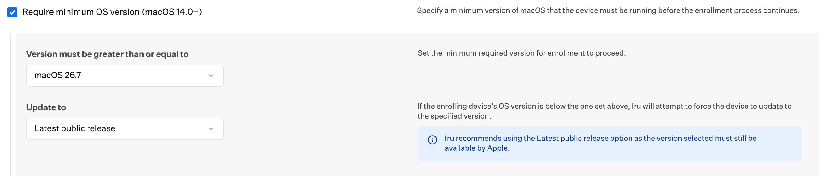 Require minimum OS version mit Aktualisieren auf Latest public release gesetzt