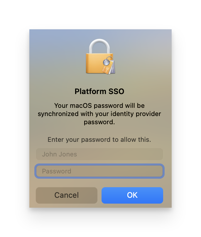 macOS password prompt dialog showing the password field where users need to enter their current computer password for Okta Desktop Password Sync registration