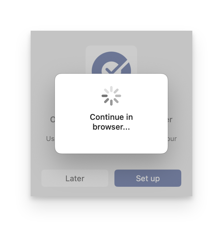 Okta Desktop Password Sync setup screen showing the message that the process will continue in the web browser