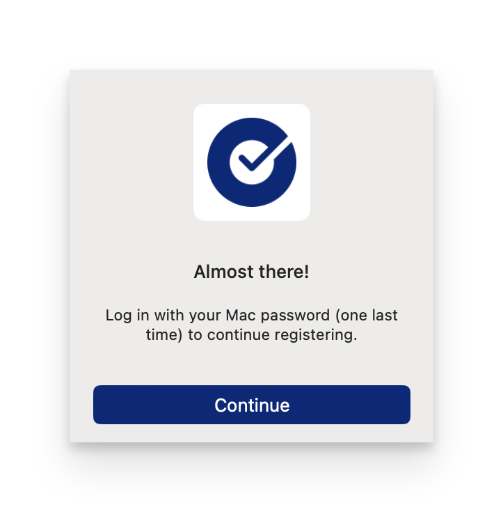 Okta Desktop Password Sync authentication prompt showing the Continue button to proceed with password synchronization