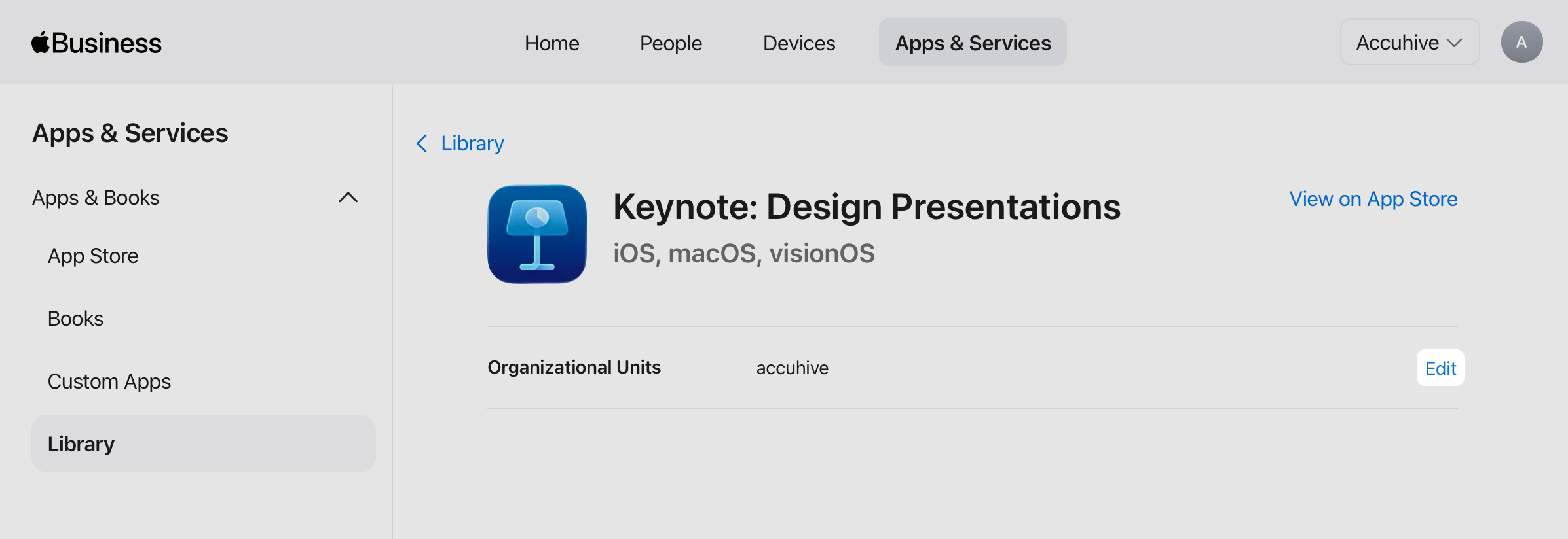 Library app page with Edit next to Organizational Units