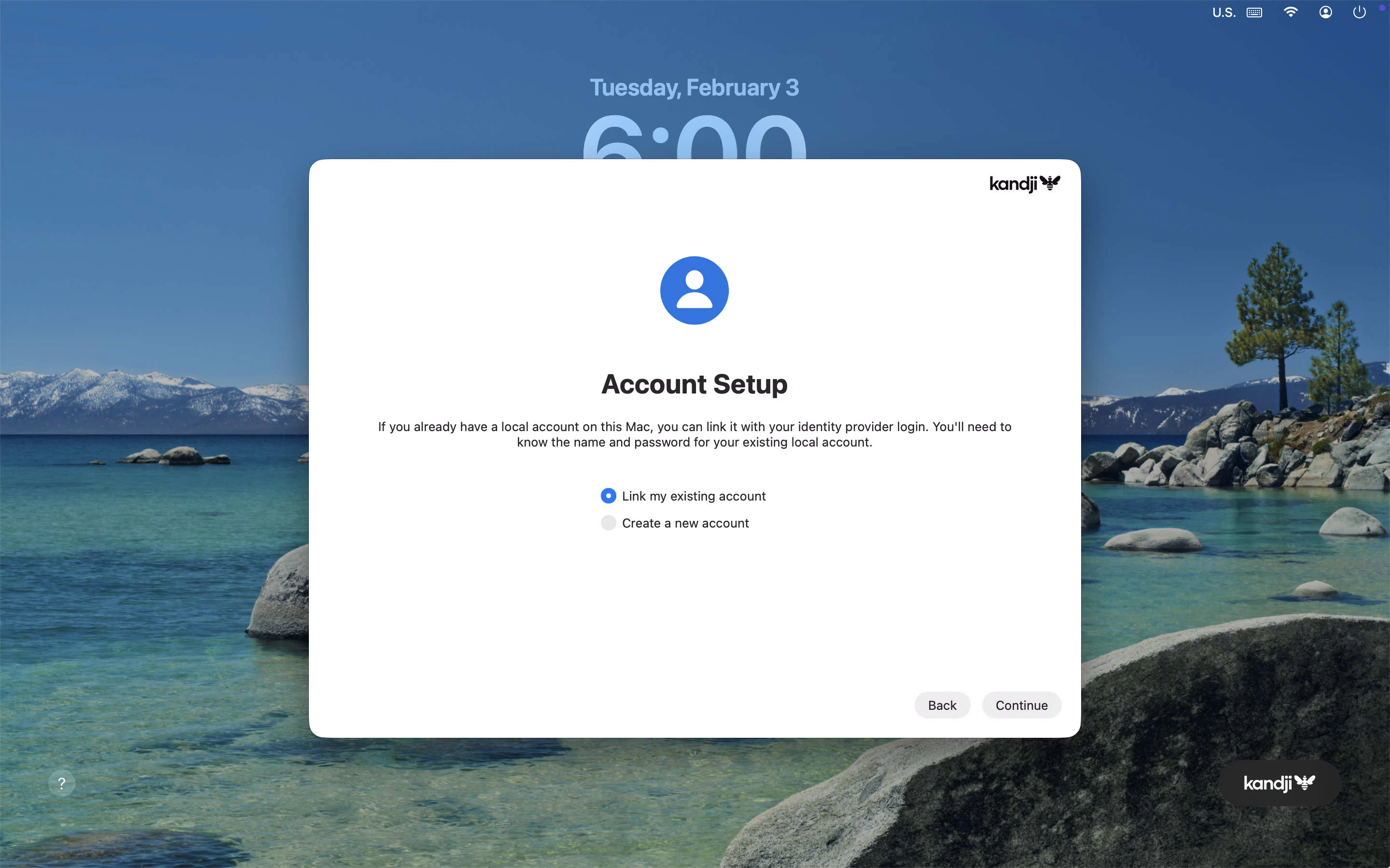 Account Setup dialog showing Link my existing account and Create a new account options at the Passport login window