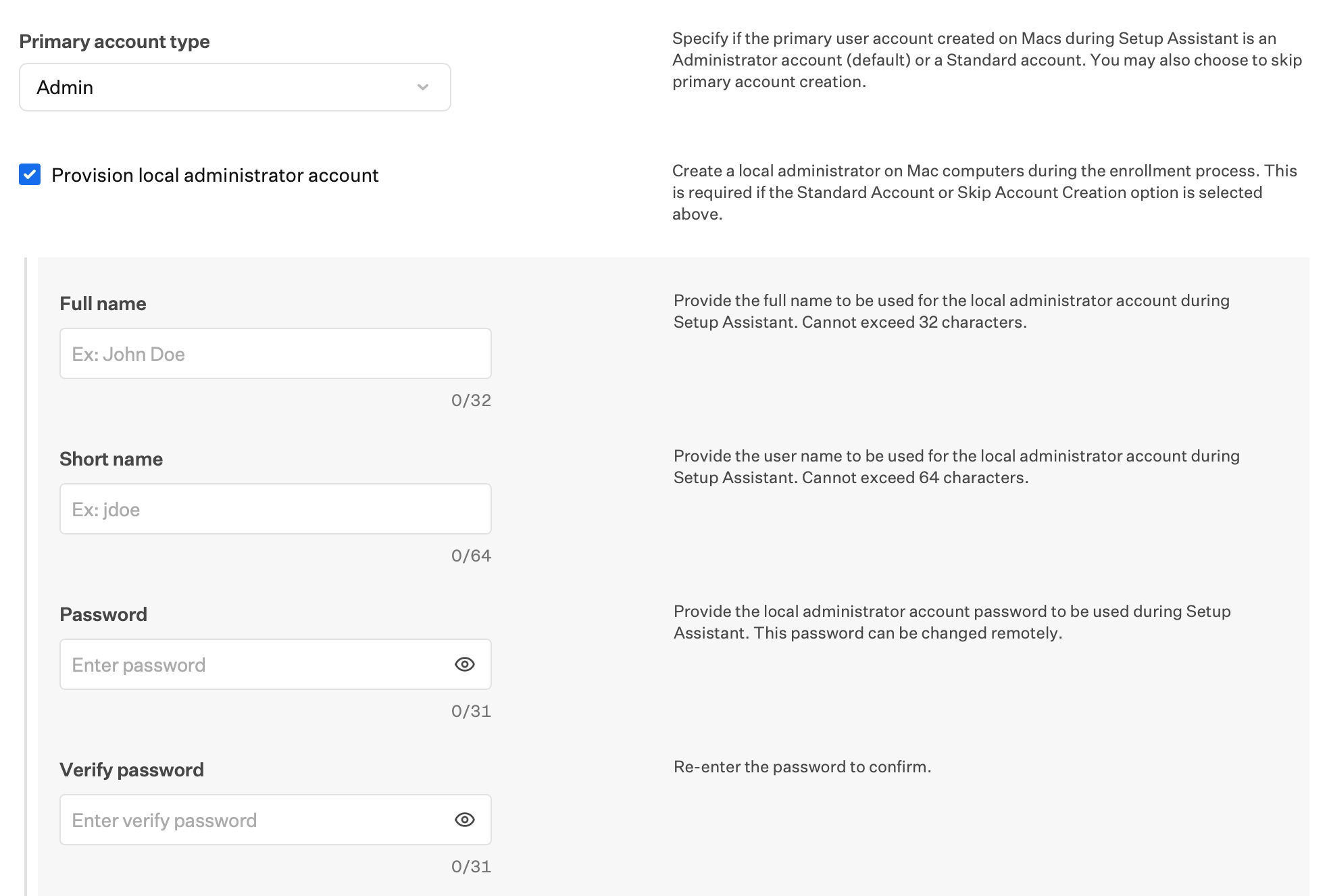 Automated Device Enrollment Mac primary account type and provision local administrator account
