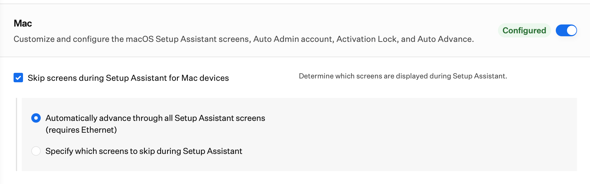 Automated Device Enrollment Mac skip Setup Assistant screens and Auto Advance options