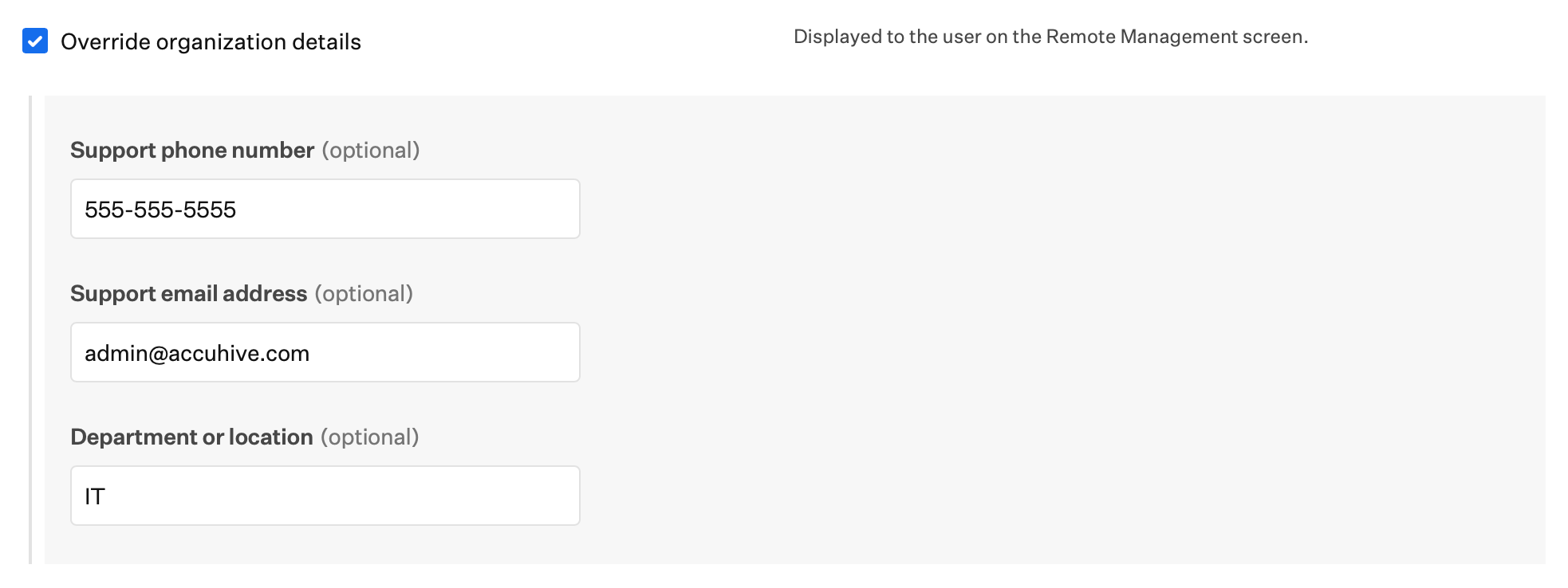 Automated Device Enrollment Override organization details