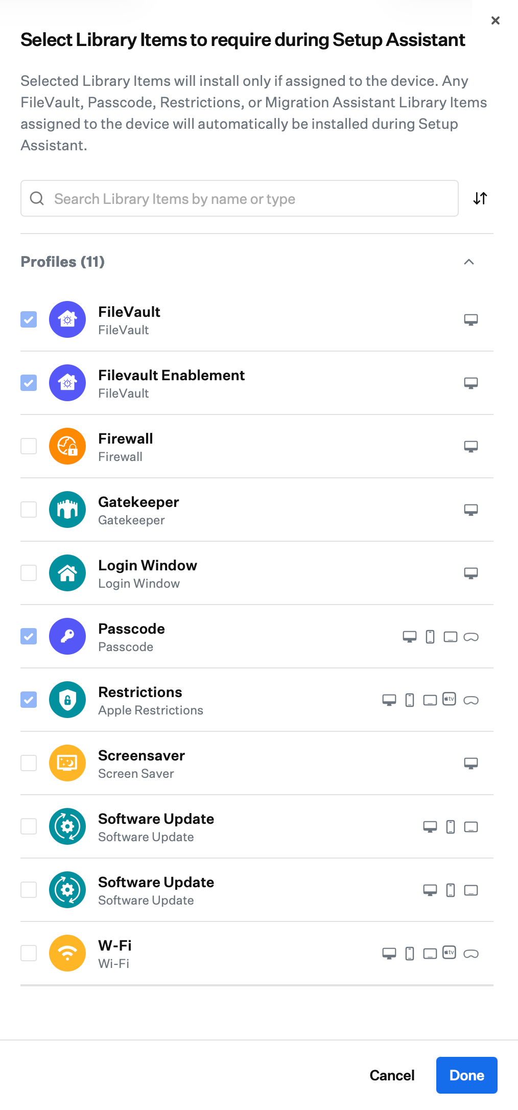 Automated Device Enrollment Add Library Items drawer for selecting Library Items