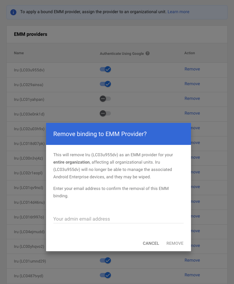 Remove binding to EMM Provider dialog in Google Admin console — do not use this to disconnect Iru
