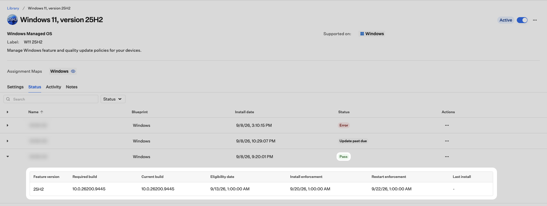 Status tab with a Pass device expanded, showing matching required and current builds