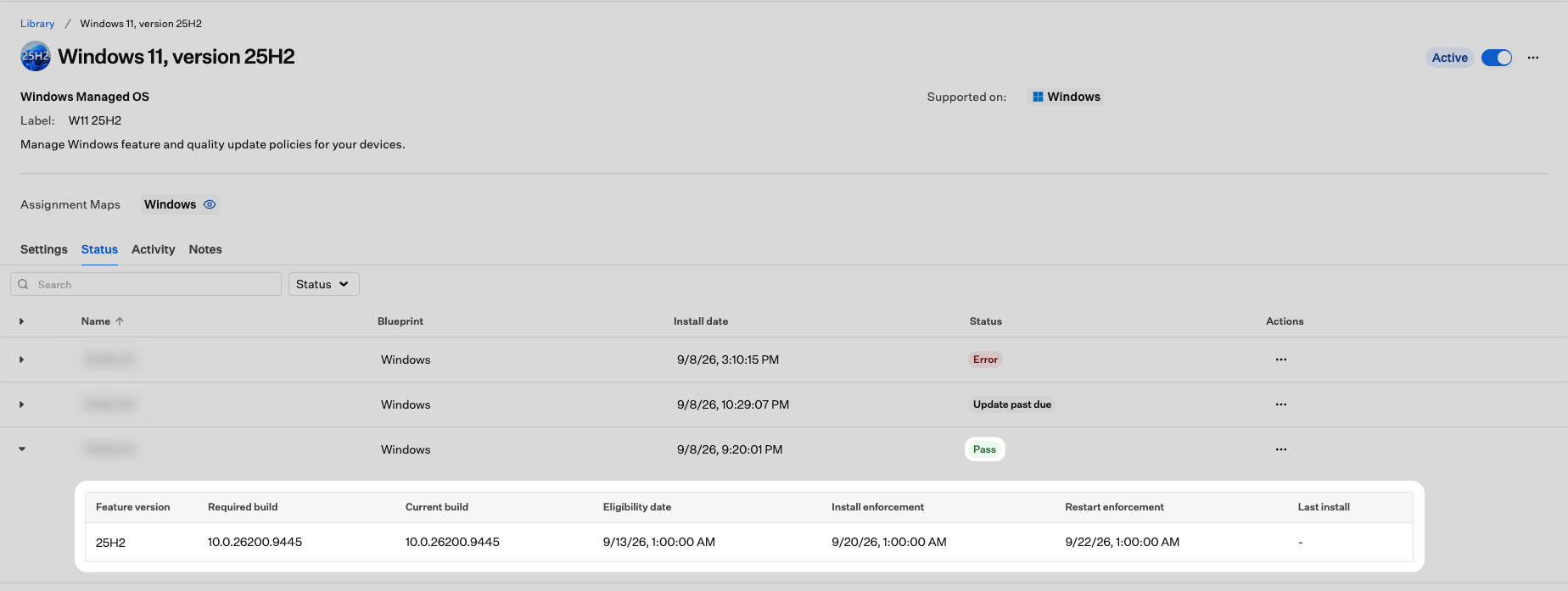 Status tab with a Pass device expanded, showing matching required and current builds