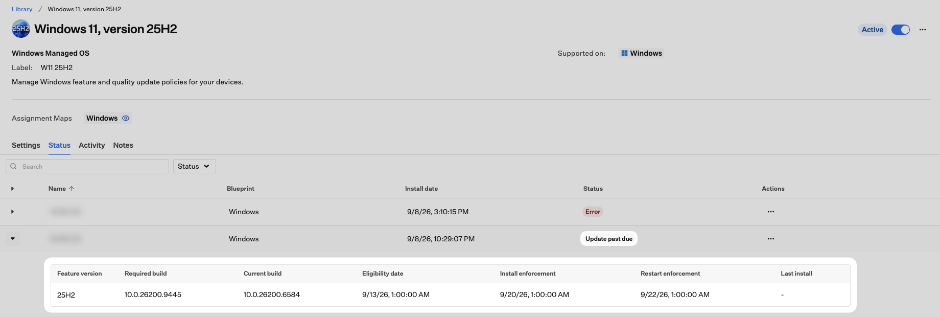 Status tab with an Update past due device expanded, showing current build below required build