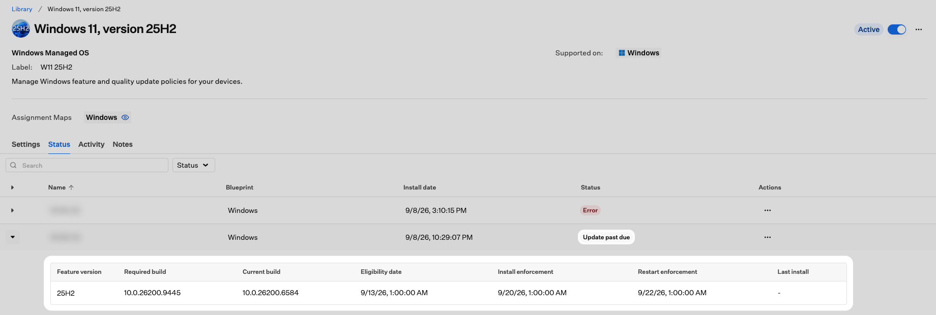 Status tab with an Update past due device expanded, showing current build below required build