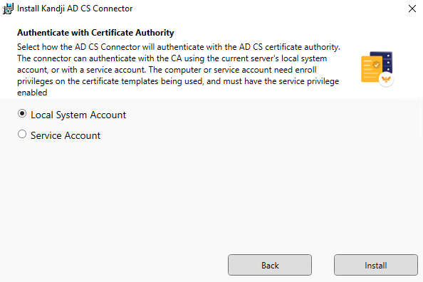 AD CS Connector installation screen showing authentication options