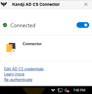 AD CS Connector connected status screen